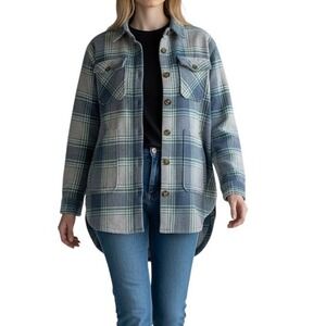 Women's Plaid Shacket Size L Green Blue Button Front Shirt Jacket